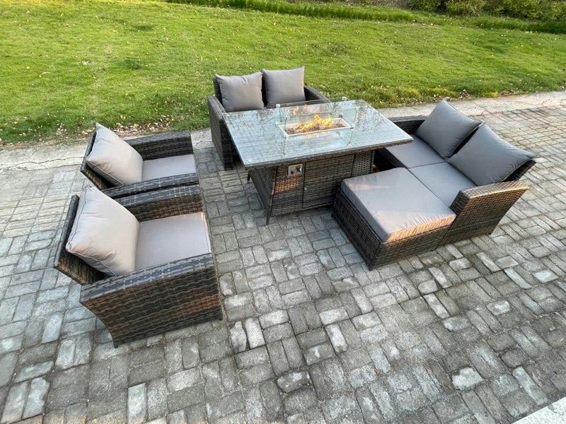 Fimous 7-Seater Wicker PE Rattan Outdoor Fire Pit Dining Set | Gas Heater, Double Sofa, Large Footstool | Dark Grey
