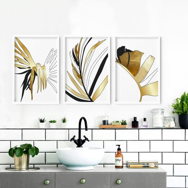 Bathroom wall art uk | set of 3 Tropical Gold wall art