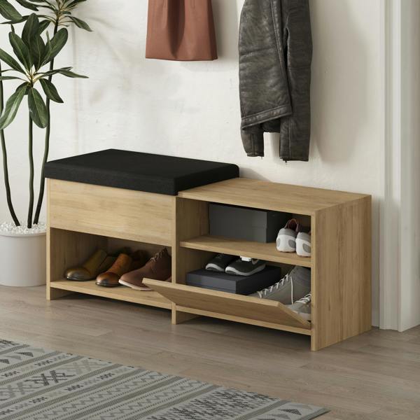 Decortie Modern Filux Shoe Bench Rack Sliding Fabric Seat and 120.3(W) Storage Cabinet 2-Tier Open Shelves Hallway
