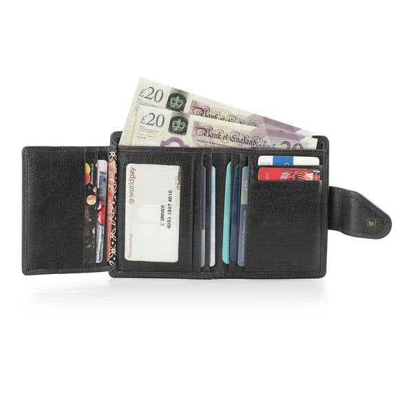 Interior of  Black Paloma trifold purse showing card slots and compartments with RFID protection