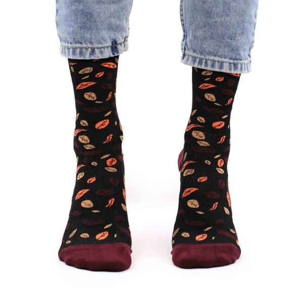 Black bamboo socks with tree-and-leaf pattern; burgundy toe/heel and striped cuff