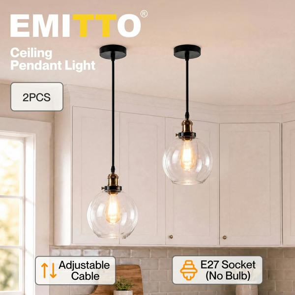 Emitto 2PCS Ceiling Pendant Light Industrial Glass LampShade Adjustable Cable
