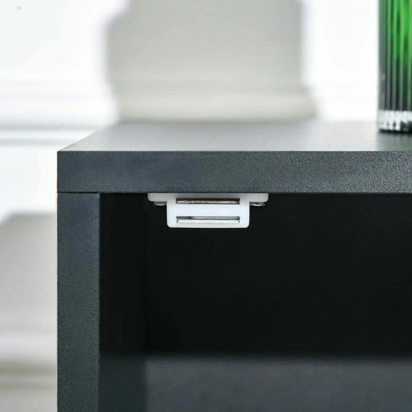 Black cabinet top drawer slide with white panel and metal rail detail.