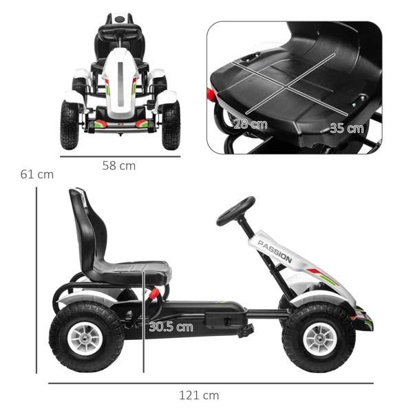 White kids pedal go-kart with black seat and handlebars, front and side view with measurements