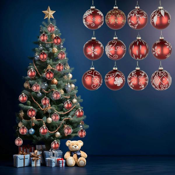 8cm Glass Christmas Baubles, 12 Pack, Red Festive Hanging Decorations with Mixed Designs image 5