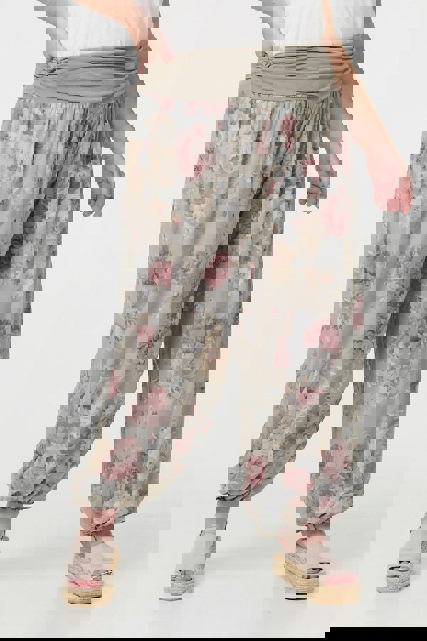 Brown | Floral Ruched Waist Harem Trousers