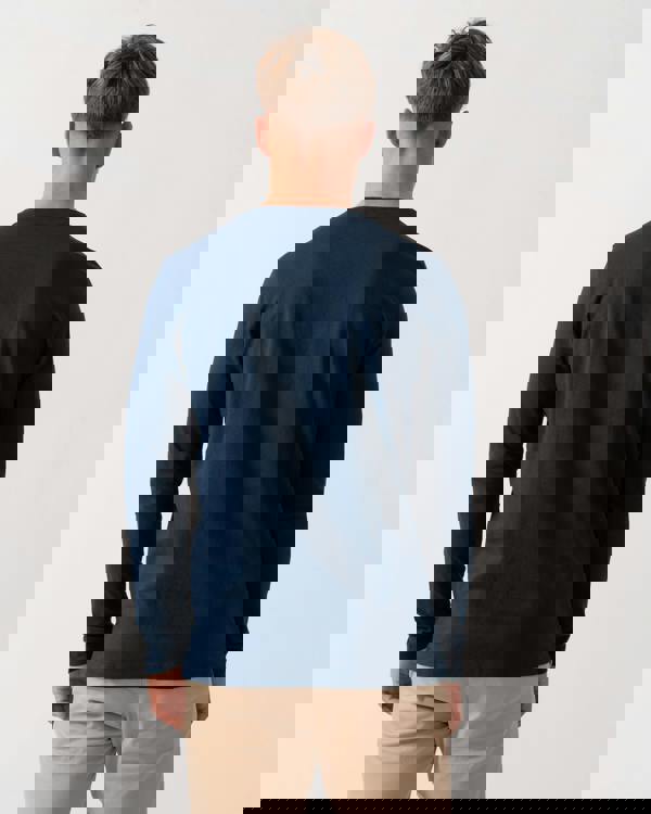 Model wearing BOSS Orange Tacks Mens Long Sleeve T-Shirt in Open Blue 464 - Back