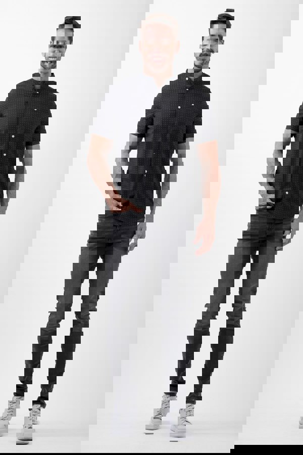 ENORSIA Black Printed Grandad Collar Short Sleeve Shirt