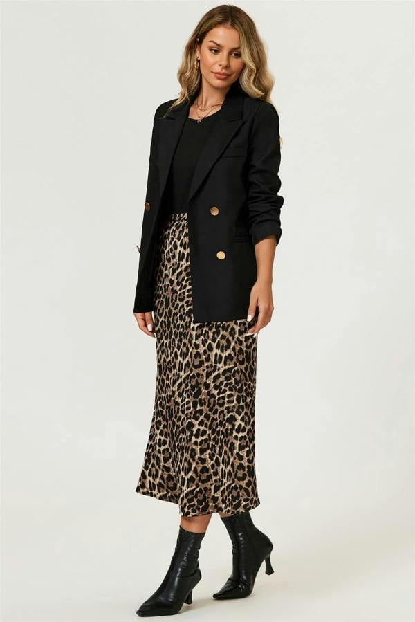 FS Collection Leopard Print Satin Midi Skirt In Brown