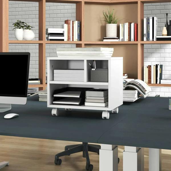 White printer cabinet on wheels with open shelves and cubbies for office use