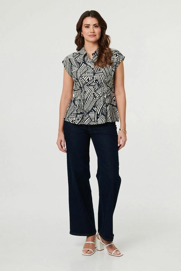 Navy | Geo Print Cap Sleeve Fitted Shirt
