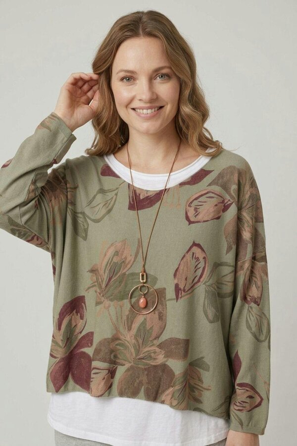 Izabel London Leaf Print Layered Long Sleeve Top - Khaki