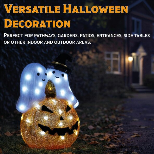 Scotts of Stow Fxlab White LED Pumpkin and Ghost Outdoor Halloween Decoration with Timer