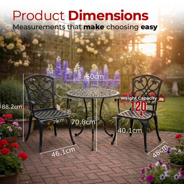 Centurion Supports VIVALDI 3-Piece Aluminium Garden Bistro Set - Round Table with Parasol Hole & 2 Generously Sized Armchairs - Baroque Design (Black)