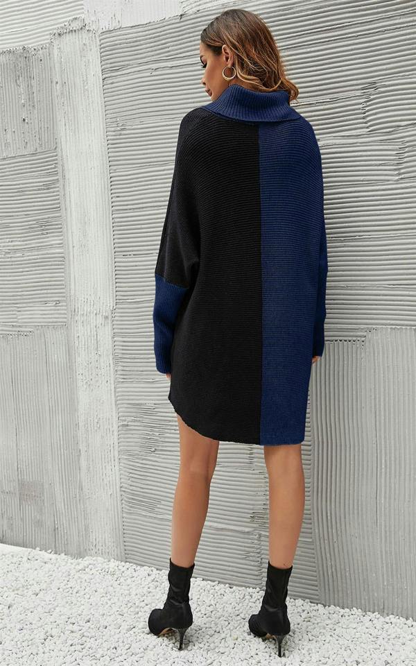 FS Collection High Neck Half Forest Navy & Black Block Colour Jumper Top