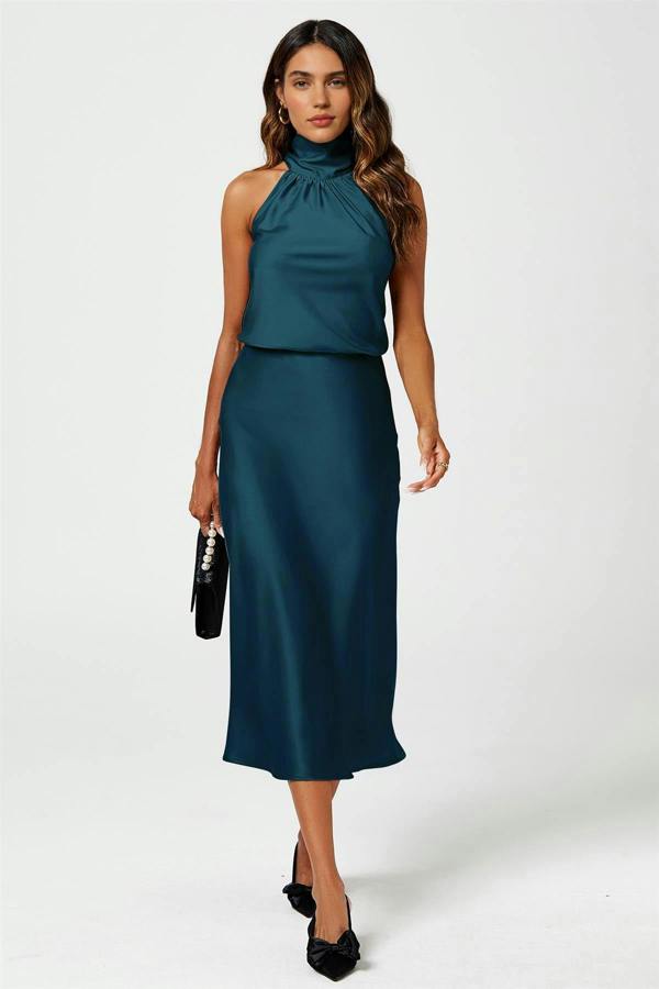 FS Collection Teal Satin Midi Skirt