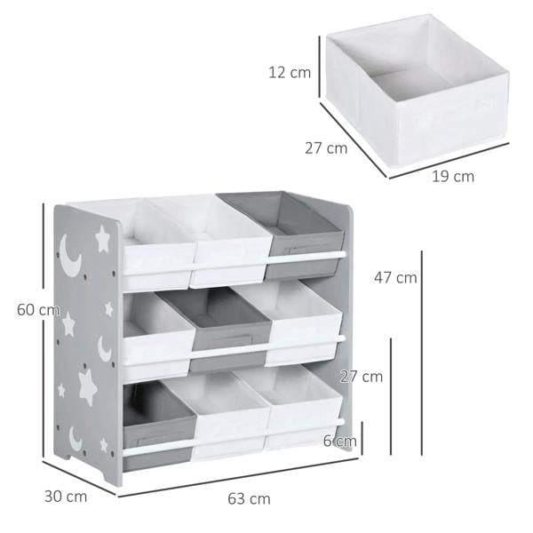 Grey kids storage rack with three rows of removable baskets, moon and star side design