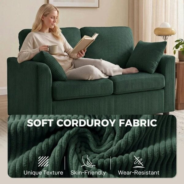 2 Seater Sofa, Corduroy Small Couch with Spring Cushion, Wide and Deep Seat, Dark Green