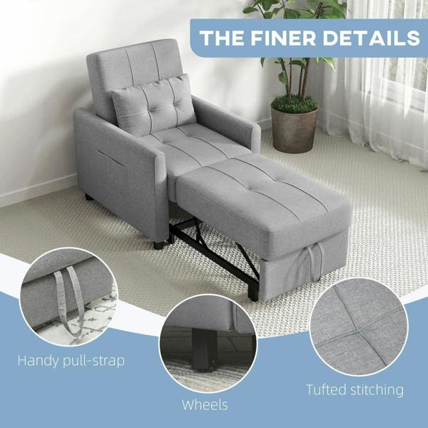 Light grey single chair bed with tufted stitching and side pull-strap detail