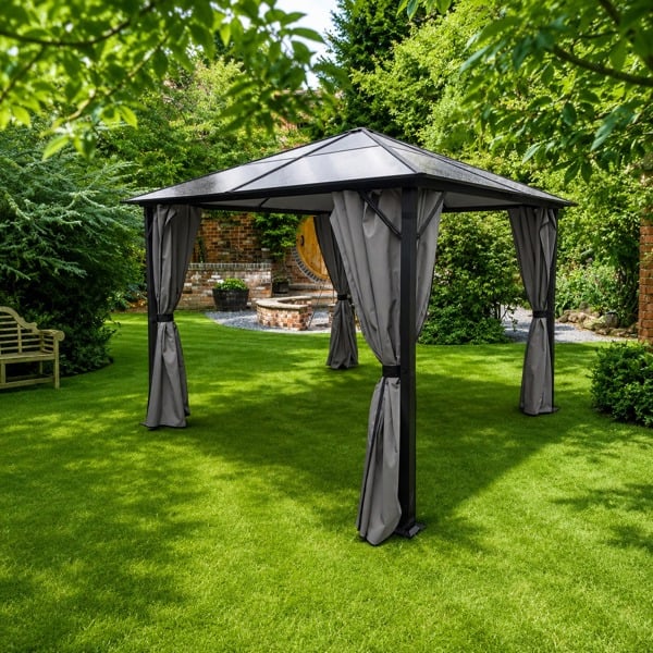 Glendale Peninsula Polycarbonate Roof Garden Gazebo with Grey Curtains – Black Frame | 2 Sizes The Garden Furniture Shop