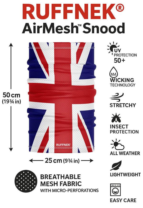 RUFFNEK® AirMesh Union Jack Snood – breathable, moisture-wicking multifunctional scarf with UPF 50+ protection. For sport and outdoor activities including workwear. Infographic