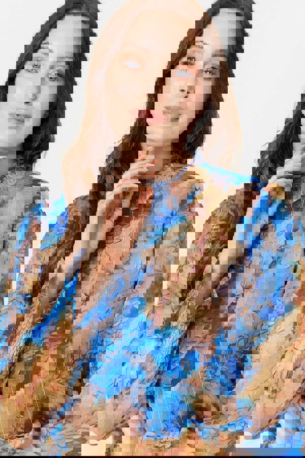 Blue | Printed High Neck Long Sleeve Blouse