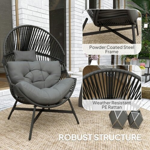 Wyld Haus Rataco Rattan Charcoal Grey Oversized Freestanding Egg Chair With Tufted Cushion And Headrest
