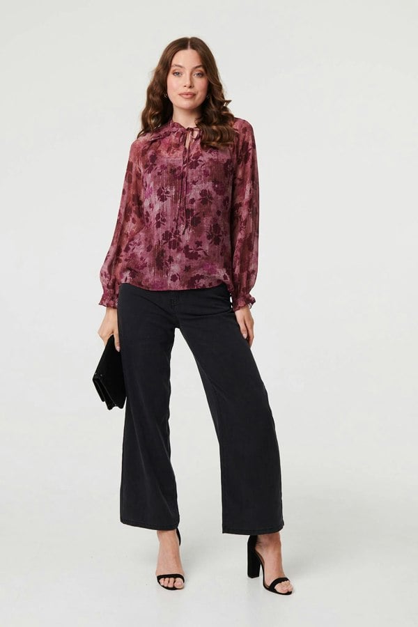 Purple | Floral Semi Sheer Tie Neck Blouse
