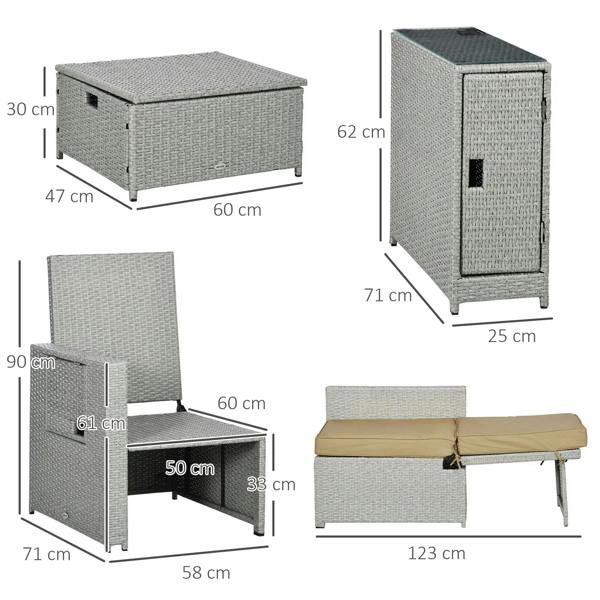 Rattan recliner, footstool, and storage side table size diagram