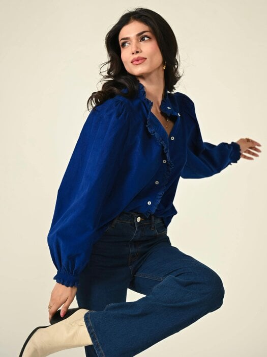 Rose & Nancy Nerys Blue Cord Embroidered Frill Blouse