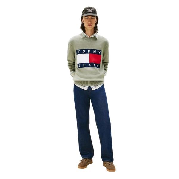 Tommy Jeans Mens Flag Logo Crew Neck Jumper - Sage Green - 