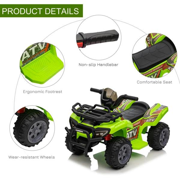 Green kids quad bike toy with non-slip handlebar grips, comfortable seat, and footrests