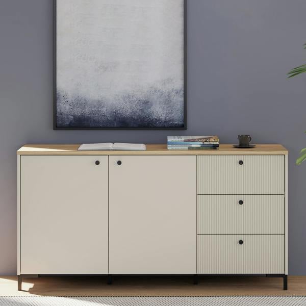 Furniture To Go Bixbite Wide Sideboard with Fluted Drawers & Cupboard in Mauvella Oak and Sand
