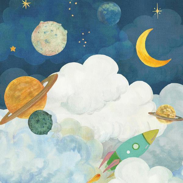 Grandeco Dudley Space Rocket 3 Lane Repeatable Wallpaper Kids Nursery Mural, 1.59 x 2.8m,