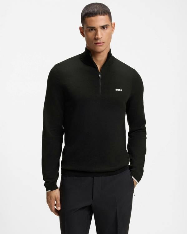 BOSS Green Ever - X Mens Cotton sweater with quarter zip - Black 001 | CHO | Designer Mens,Knitwear,Jumpers,Quarter Zip Jumpers