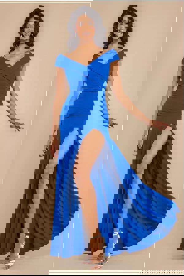 Scuba Crepe Off Shoulder Front Split Maxi Dress  - Royal Blue DR2930SC