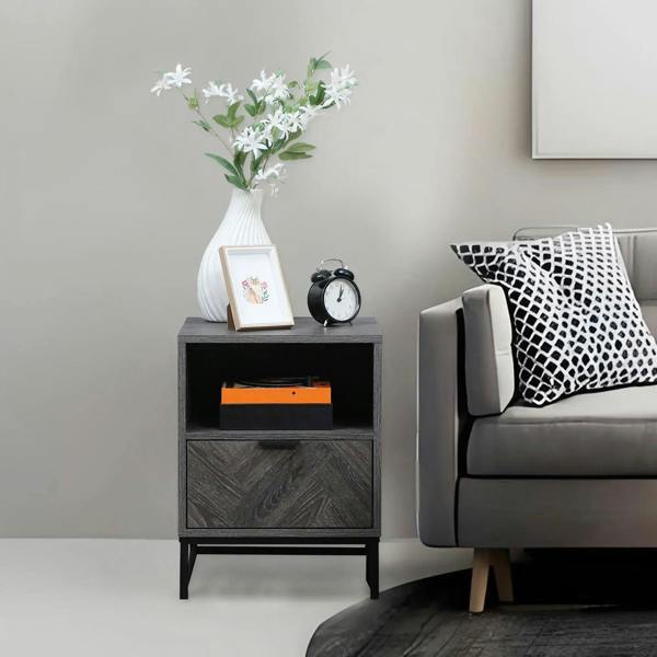 Dark grey nightstand with open shelf, front drawer, and steel legs.