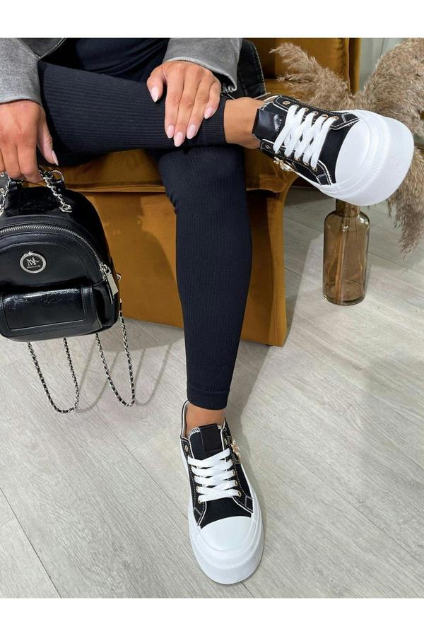 Calista Luxe Bee Decorative Lace Up Platform Trainers - Black