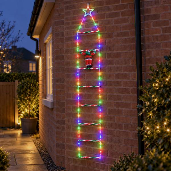Samuel Alexander 1.92m Light up Santa Climbing Ladder Christmas Decoration with Multi-Coloured  LEDs