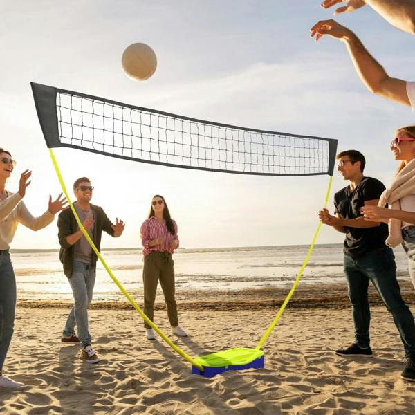 Portable badminton and volleyball net frame with black mesh, lime poles, and blue base on sand