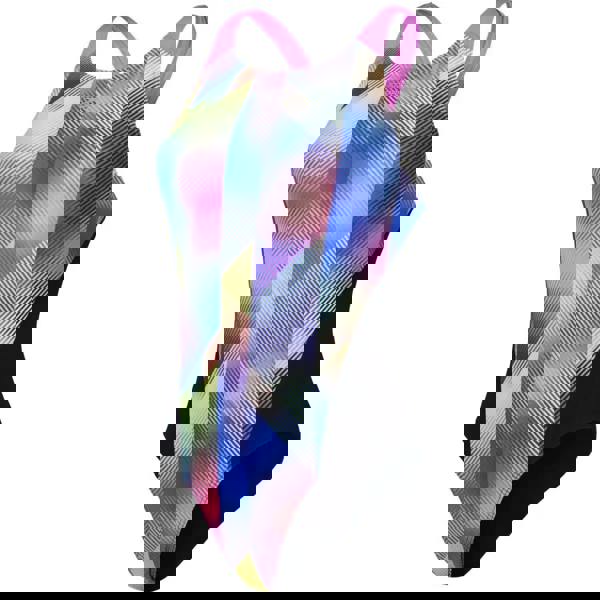 Speedo Allover Digital Recordbreaker swimsuit in black, pink, blue geometric pattern