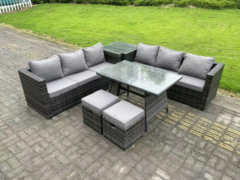 Fimous 8 Seater Wicker PE Rattan Garden Dining Set Outdoor Furniture Sofa with Side Table Dining Table Stools Dark Grey Mixed
