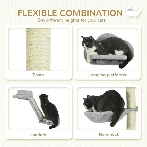 Gray wall-mounted cat tree feature tiles: posts, jumping platforms, ladder, hammock
