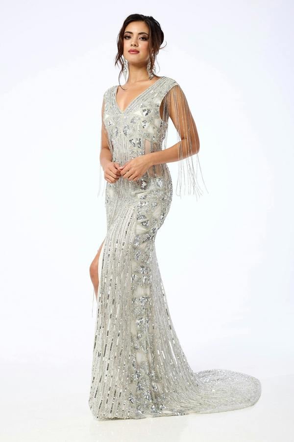LuvForever Arien - Silver Jewelled Sequin Maxi Dress