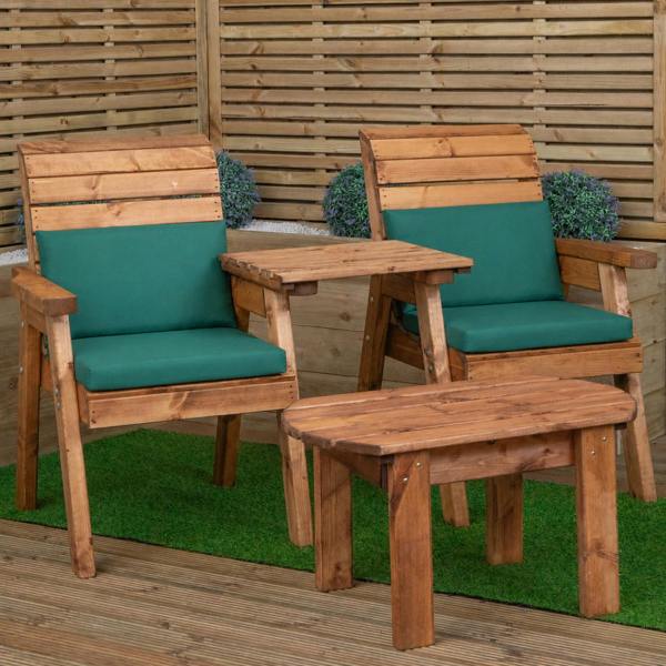 Samuel Alexander Hand Made 6 Seater Rustic Wooden Garden Furniture Set. Table, Bench, Chairs & Green Cushions