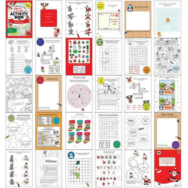 Grid overview of all 28 inside pages of the Personalised Christmas Activity Book featuring word searches, mazes, recipes, and colouring activities personalised for William