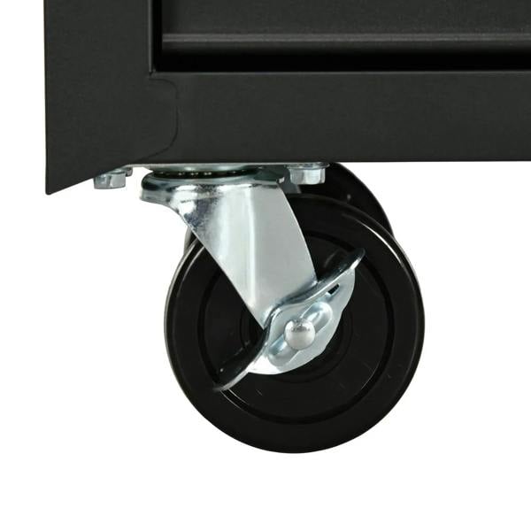 Single matte black caster wheel with metal mounting bracket under tool cabinet
