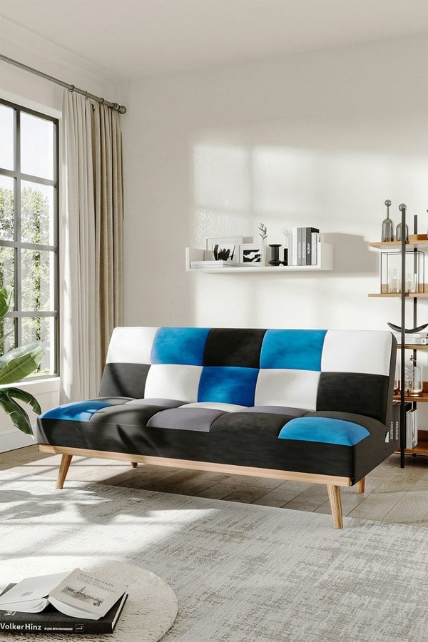 Living and Home 2-Seater Blue Checkered Sofa Bed