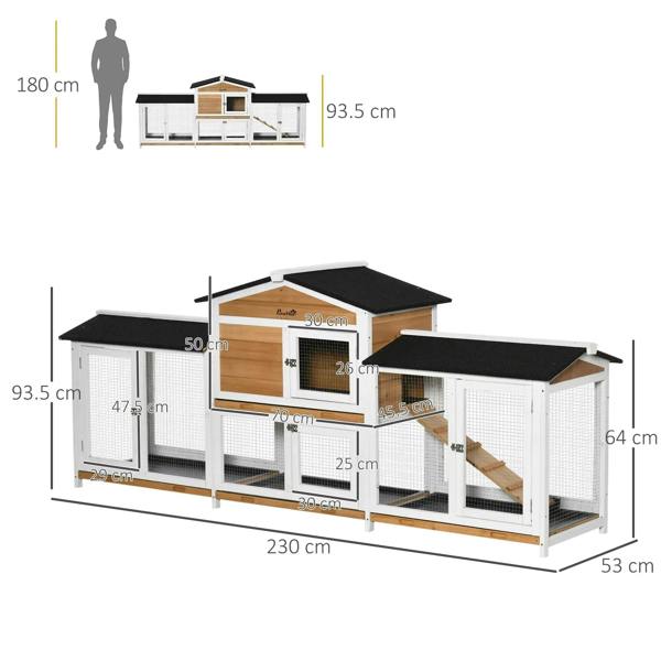White 2-tier rabbit hutch with side run enclosures, black roofs, ramp, and wire mesh doors