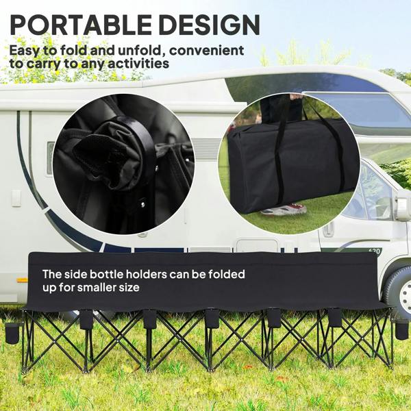 Black 6-seater folding camping chair with cup holders, easy-carry design